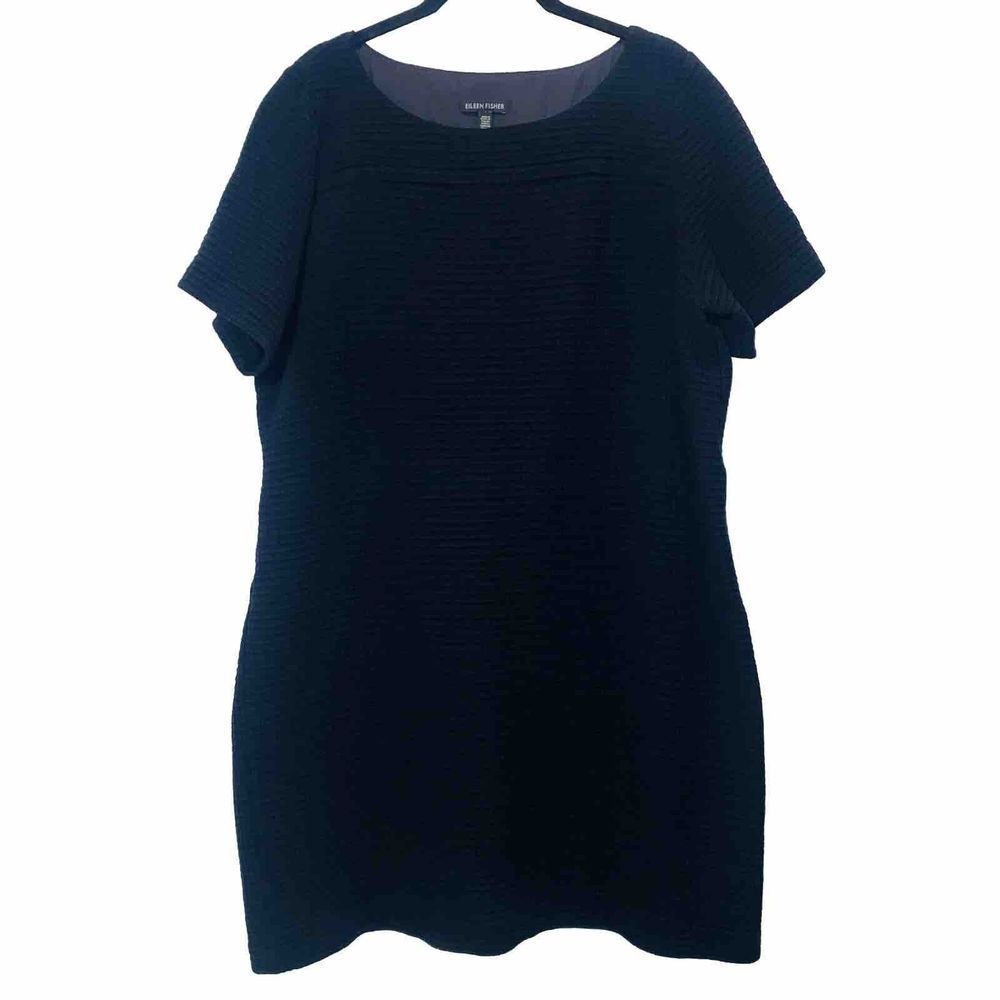 EILEEN FISHER Black Shift Dress Organic Cotton Waffle Knit Women's Size Large